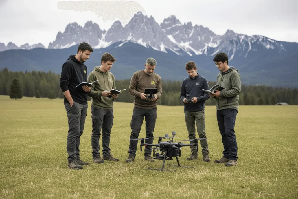 Formación práctica de pilotos en empresa de drones UAS en España, realizando entrenamiento de vuelo con instructores profesionales